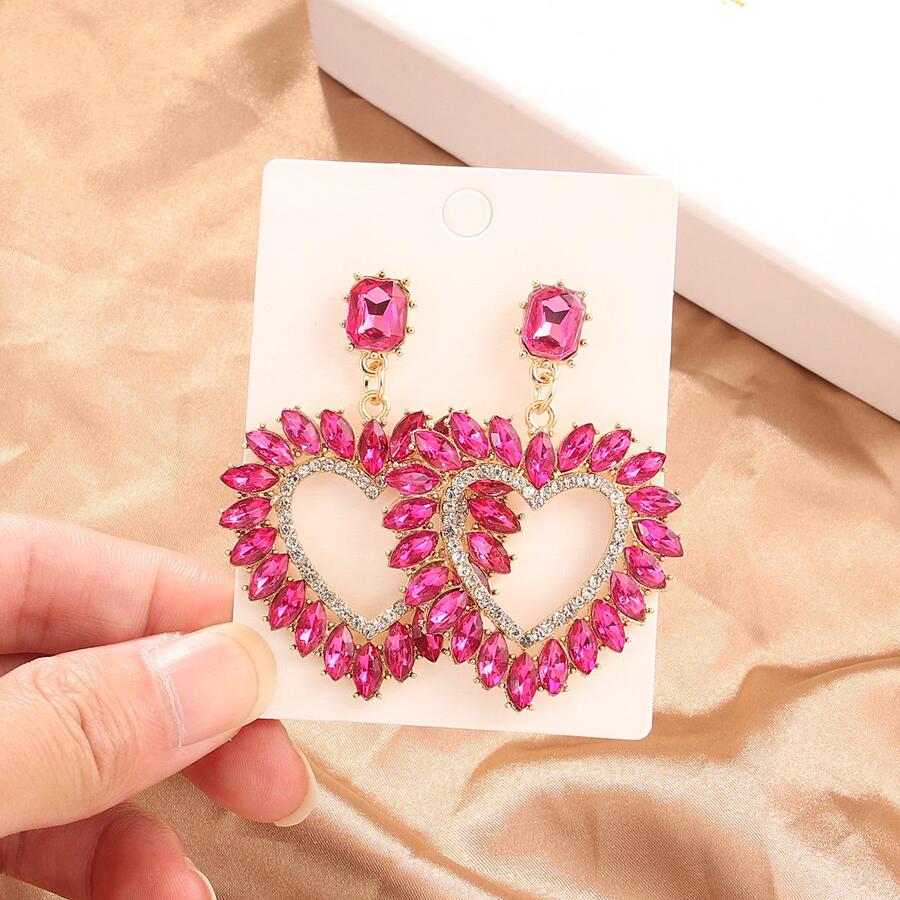 1雙魅力四射熱粉色水鑽裝飾鏤空心耳墜適合女士適用於精美情人節禮品 - 玫紅色 - 查看 1