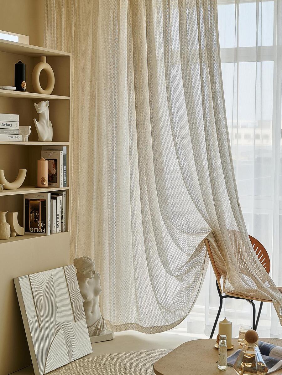 1pc Rèm Sheer trơn, Rèm lưới Polyester đơn giản cho gia đình - Màu be - Xem 1