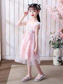 女孩們中國傳統洋裝帶百褶邊,方領,兔子刺繡,甜美風短袖,合適適用於日常家庭聚會,郊遊,表現,夏天 - 粉色 - 查看 3