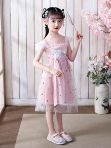 女孩們中國傳統洋裝帶百褶邊,方領,兔子刺繡,甜美風短袖,合適適用於日常家庭聚會,郊遊,表現,夏天 - 粉色 - 查看 4