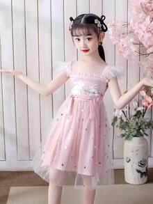 Váy Công Chúa Hanfu Cho Bé Gái Thêu Hình Thỏ, Cổ Vuông Xếp Ly Và Tay Chuông Ngọt Ngào, Thích Hợp Mặc Hàng Ngày, Họp Mặt Gia Đình, Đi Chơi, Biểu Diễn Vào Mùa Hè - Màu Hồng baby - Xem 3