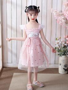 Váy Công Chúa Hanfu Cho Bé Gái Thêu Hình Thỏ, Cổ Vuông Xếp Ly Và Tay Chuông Ngọt Ngào, Thích Hợp Mặc Hàng Ngày, Họp Mặt Gia Đình, Đi Chơi, Biểu Diễn Vào Mùa Hè - Màu Hồng baby - Xem 4