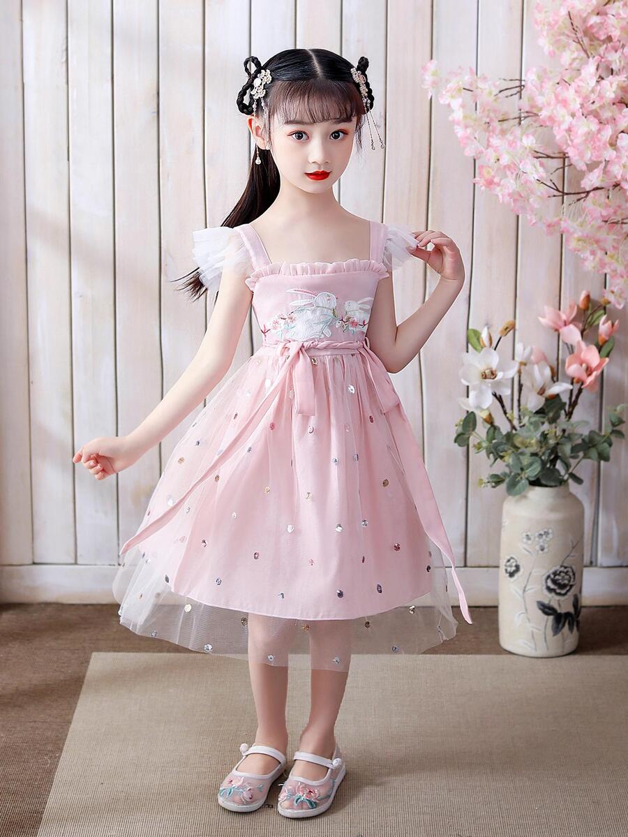 Váy Công Chúa Hanfu Cho Bé Gái Thêu Hình Thỏ, Cổ Vuông Xếp Ly Và Tay Chuông Ngọt Ngào, Thích Hợp Mặc Hàng Ngày, Họp Mặt Gia Đình, Đi Chơi, Biểu Diễn Vào Mùa Hè - Màu Hồng baby - Xem 1
