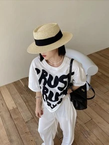 1入組女士織帶裝飾波西米亞草編帽適合夏天 - 米色 - 查看 1