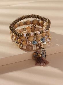 Bộ 4 vòng tay hạt gỗ phong cách Bohemian dành cho nữ, bao gồm thiết kế hình con voi và chiếc lá, lý tưởng cho kỳ nghỉ/tiệc tùng/trang phục hàng ngày - Cà phê - Xem 1