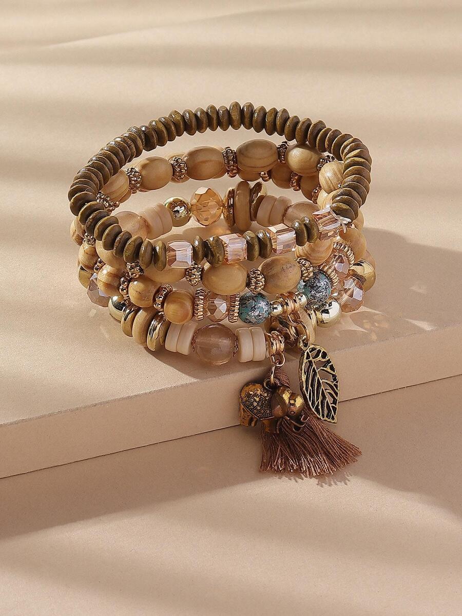 Bộ 4 vòng tay hạt gỗ phong cách Bohemian dành cho nữ, bao gồm thiết kế hình con voi và chiếc lá, lý tưởng cho kỳ nghỉ/tiệc tùng/trang phục hàng ngày - Cà phê - Xem 1
