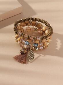 Bộ 4 vòng tay hạt gỗ phong cách Bohemian dành cho nữ, bao gồm thiết kế hình con voi và chiếc lá, lý tưởng cho kỳ nghỉ/tiệc tùng/trang phục hàng ngày - Cà phê - Xem 5