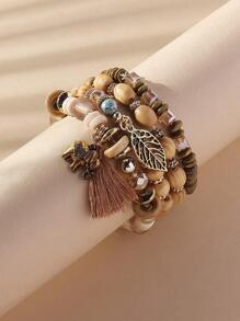 Bộ 4 vòng tay hạt gỗ phong cách Bohemian dành cho nữ, bao gồm thiết kế hình con voi và chiếc lá, lý tưởng cho kỳ nghỉ/tiệc tùng/trang phục hàng ngày - Cà phê - Xem 4