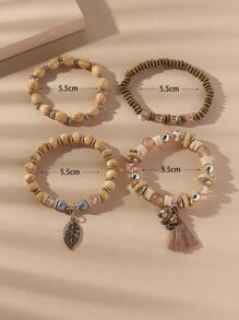 Bộ 4 vòng tay hạt gỗ phong cách Bohemian dành cho nữ, bao gồm thiết kế hình con voi và chiếc lá, lý tưởng cho kỳ nghỉ/tiệc tùng/trang phục hàng ngày - Cà phê - Xem 7