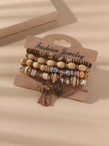 Bộ 4 vòng tay hạt gỗ phong cách Bohemian dành cho nữ, bao gồm thiết kế hình con voi và chiếc lá, lý tưởng cho kỳ nghỉ/tiệc tùng/trang phục hàng ngày - Cà phê - Xem 2