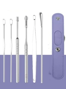 6pcs/set Stainless Steel Ear Pick & 1pc Storage Bag, Classic Ear Pick Set For Home - Purple - View 1