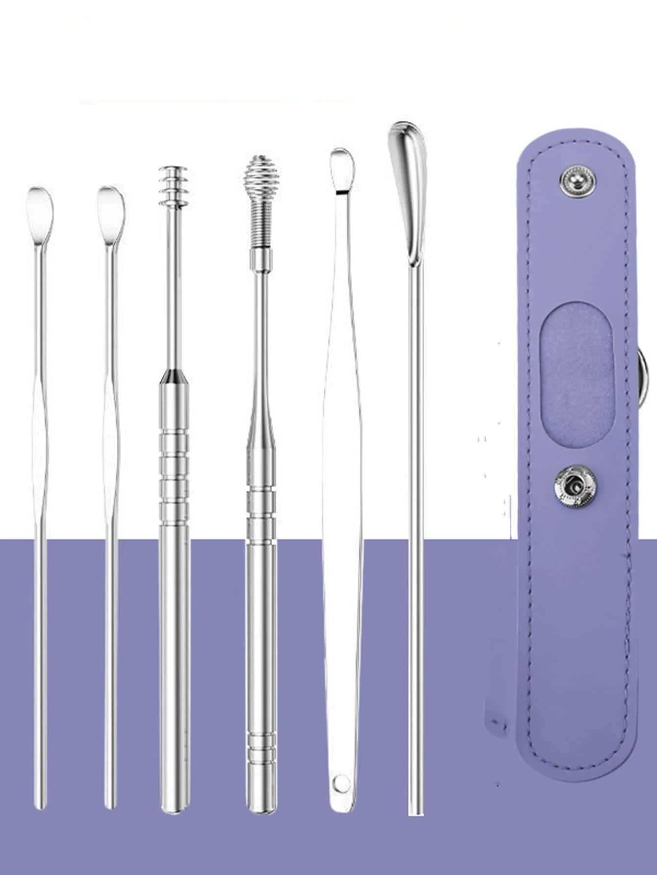 6pcs/set Stainless Steel Ear Pick & 1pc Storage Bag, Classic Ear Pick Set For Home - Purple - View 1