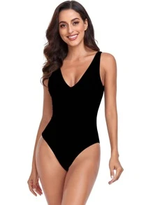 Bañador una pieza unicolor de cuello V - Negro - Ver 1