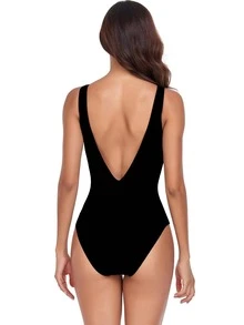 Bañador una pieza unicolor de cuello V - Negro - Ver 3