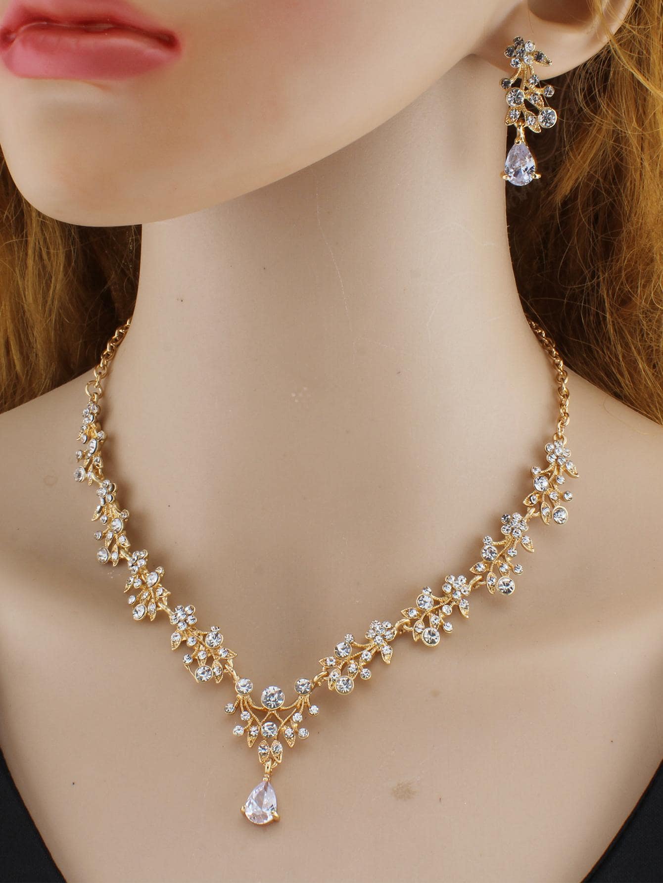3pcs/set Elegant Rhinestone Flower Necklace & Drop Earring For Women For Prom Party Banquet Wedding - Yellow Gold - View 1