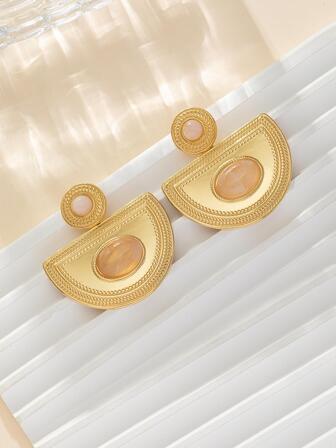 1pair Bohemian Pink Stone Semicircle Dangle Earrings For Women For Summer Vacation Beach Party Travel