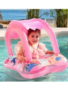 1pc Cartoon Graphic Swimming Ring With Awning - Pink - View 1