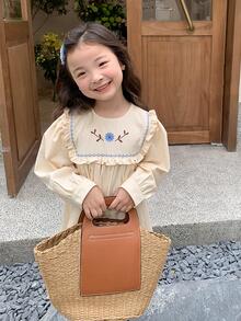 小女童花卉刺繡荷葉邊娃娃裙 - 米色 - 查看 5