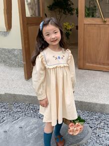 小女童花卉刺繡荷葉邊娃娃裙 - 米色 - 查看 1