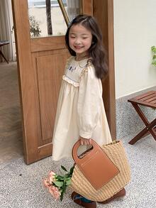 小女童花卉刺繡荷葉邊娃娃裙 - 米色 - 查看 7