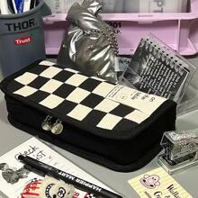 1 件棋盘格图案铅笔袋，现代便携式学生铅笔袋，铅笔盒，铅笔袋，书包 - 黑色 - 查看 12