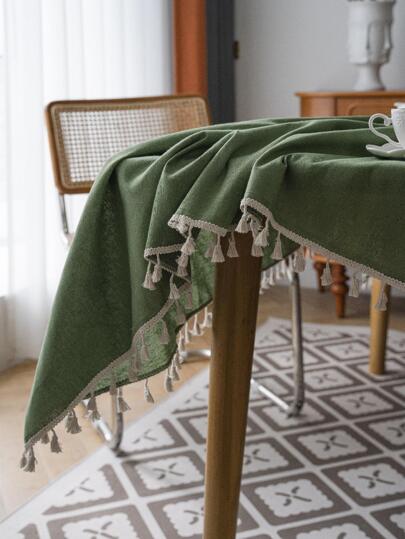 Bubaba Toalha de mesa retangular verde de 1 peça, toalha de mesa estilo boêmio americano com mistura de linho e franjas, adequada para sala de jantar, cozinha, mesa, tapete, festa, comemoração de feriados, hotel, café, quarto, todas as estações