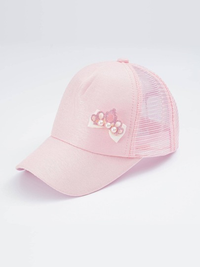 1 bucă fete cu fundă și perle artificiale decor șapcă de baseball reglabilă cu detalii din plasă pentru exterior