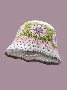Floral Crochet Bucket Hat - Pink - View 1