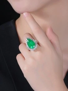 欧美风格微镶嵌水滴形合成氧化锆可调节女士订婚戒指 - 綠色 - 查看 4