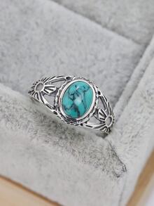 1pc Vintage Turquoise Sterling Silver Ring For Women For Spring Summer Decoration - Silver - View 4