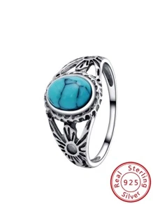 1pc Vintage Turquoise Sterling Silver Ring For Women For Spring Summer Decoration - Silver - View 1