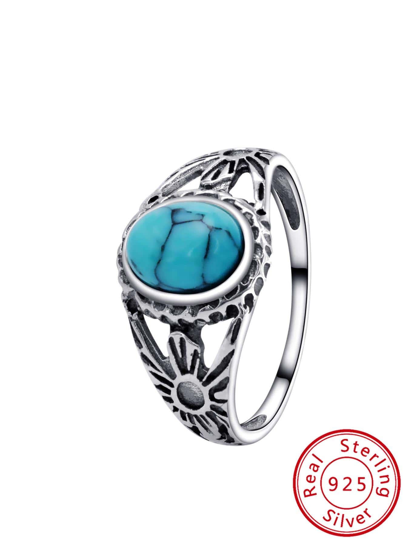 1pc Vintage Turquoise Sterling Silver Ring For Women For Spring Summer Decoration - Silver - View 1