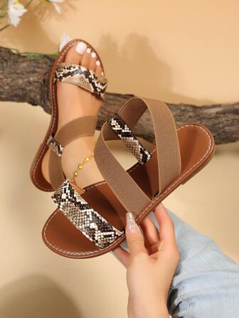 Elegant Slingback Sandals For Women, Snakeskin Embossed Flat Sandals
