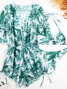 Tropical Triangle Bikini With Cover Up - Green - View 2