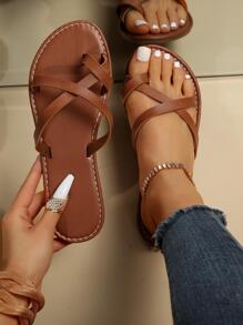 時尚T字帶涼鞋適用於女士交叉帶平底涼鞋 - 棕色 - 查看 1
