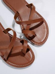 時尚T字帶涼鞋適用於女士交叉帶平底涼鞋 - 棕色 - 查看 5