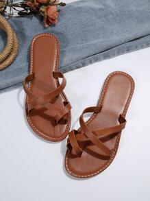 時尚T字帶涼鞋適用於女士交叉帶平底涼鞋 - 棕色 - 查看 8