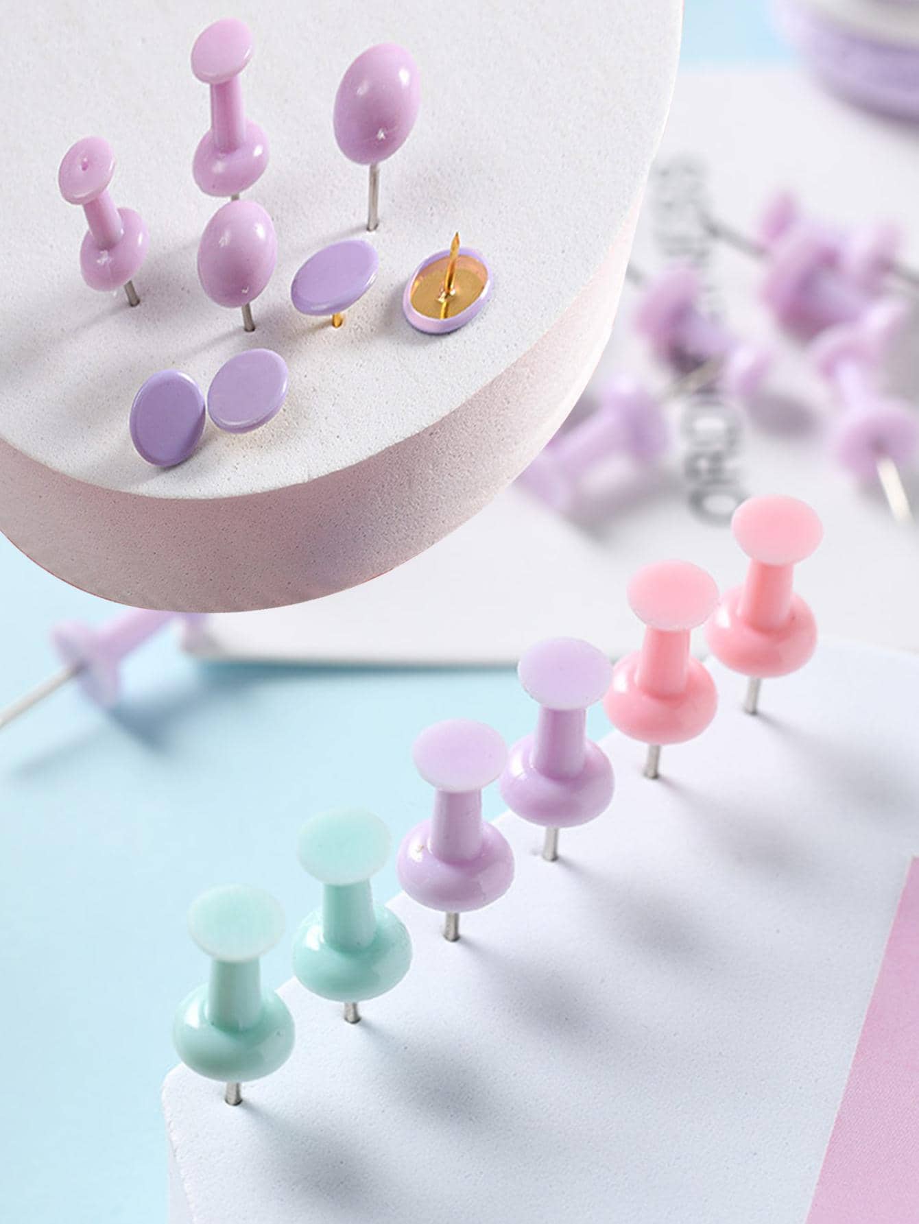 1 Box Softwood Board Push Pins Wall Nails School Drawing Photo Tacks Combination Set, 55x Regular Pin, 10x V-nail, 10x Round Head Nail, For Office Home School Study - Pink - View 1