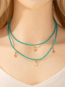 1入組時尚玻璃星形墜飾多層次項鍊適合女士適用於日常生活 - 藍色 - 查看 3