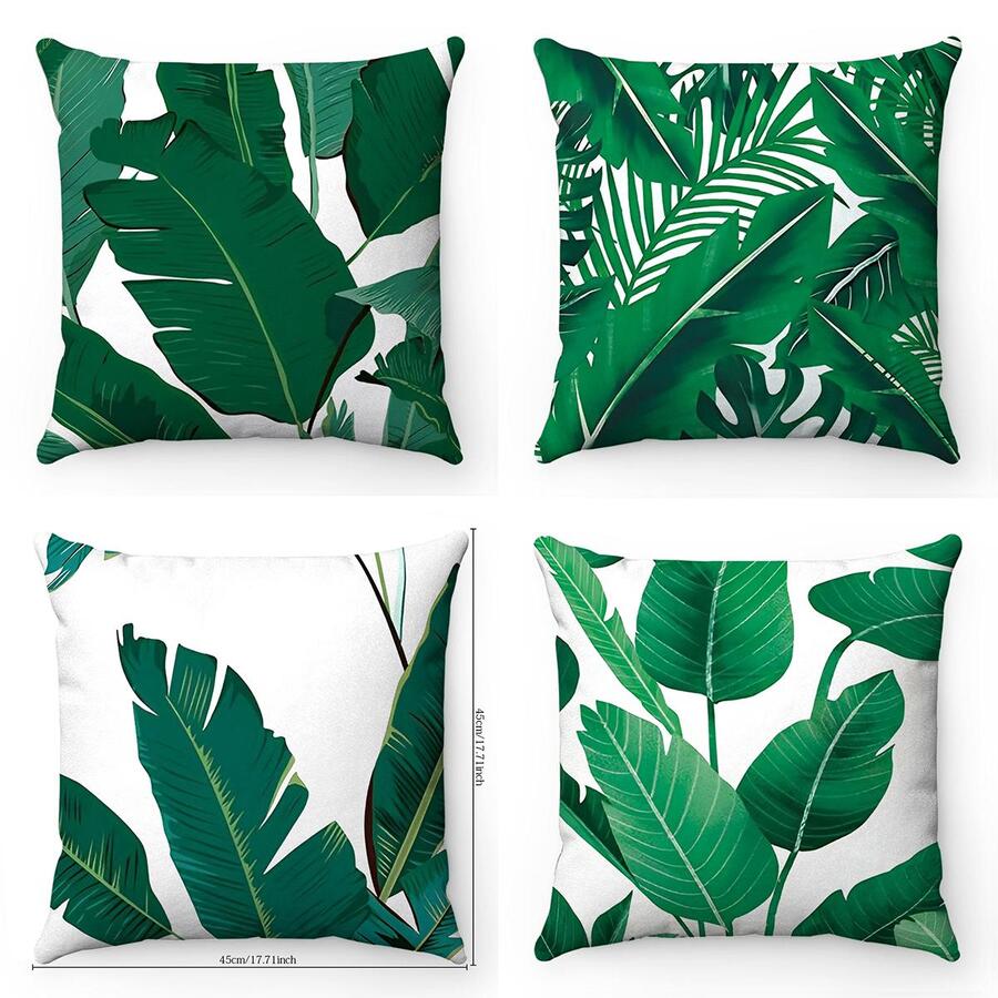4入組熱帶樹葉印花靠墊套無填充物，聚酯裝飾抱枕套適用於客廳，家居裝飾 - 黑色 - 查看 1