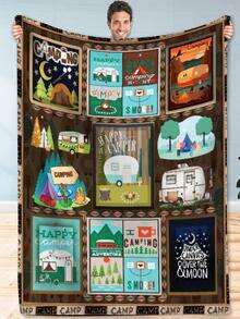 1入組露營車和字母圖形毛毯，卡通針織面料柔軟保暖毛毯，適用於客廳和臥室，家居裝飾 - 彩色 - 查看 3