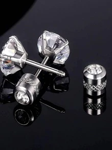 1雙時尚不銹鋼方晶鋯石裝飾耳釘適合男士女士適用於日常生活 - 銀色 - 查看 1