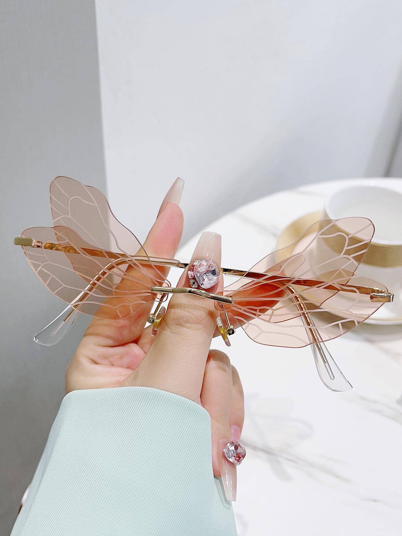 女士蝴蝶設計太陽眼鏡適合派對 - 香檳色 - 查看 1