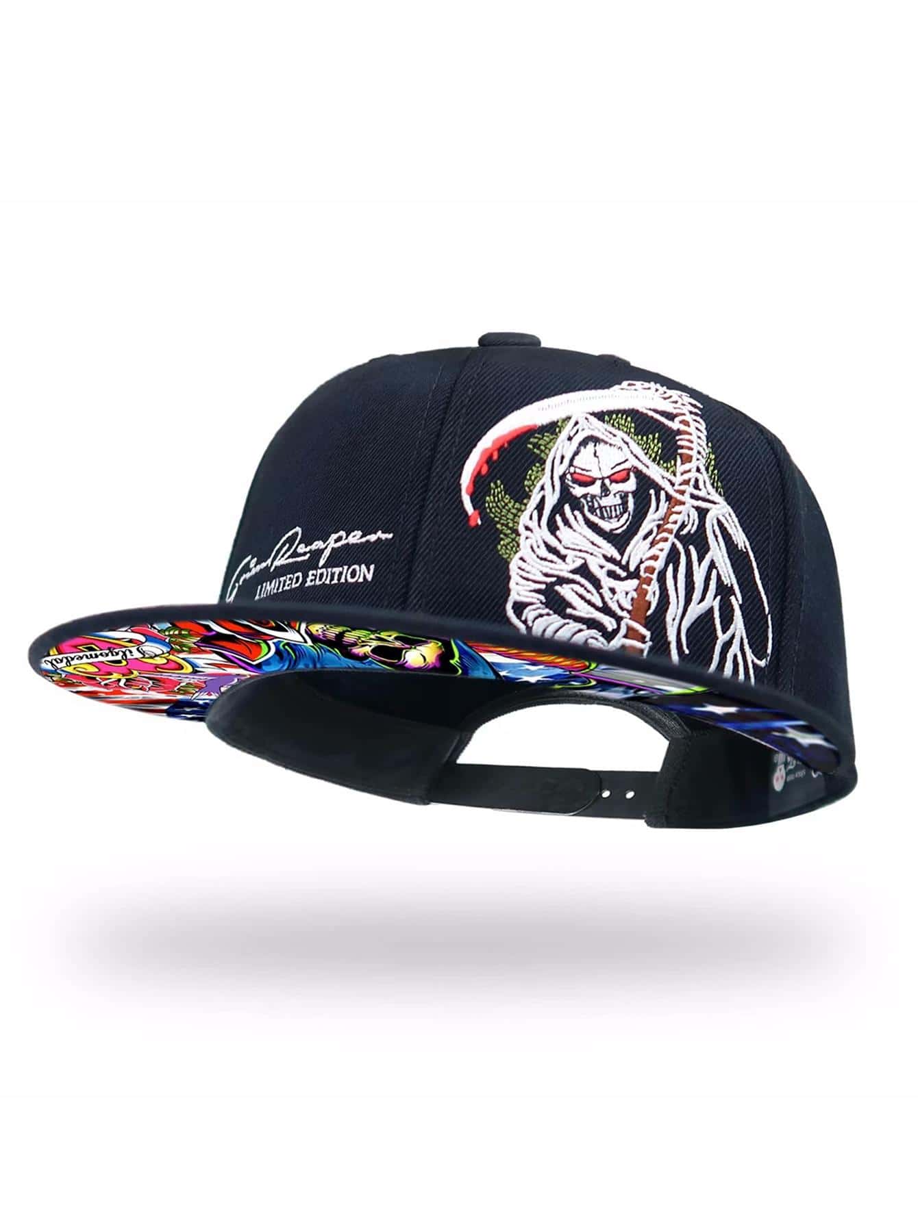 1Pc Wool Black Or Navy Unisex Baseball Caps, Flat Bill Snapback Hats For Men With A Limited Edition Fashion Sign Embroidered And Skeletons Digital Color Printing Background, Adjustable Baseball Hats, Suitable For Daily Street Skateboarding For Teenagers Skateboard Sport, Rock Party, HIPHOP Punk, New Year, Halloween ​Gift. Crazy Graffiti Teen Skateboarding Extreme Sport Limited Edition Hippie Dark Style