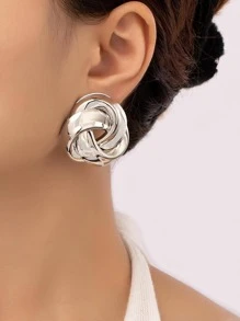扭結設計耳釘 - 銀色 - 查看 1