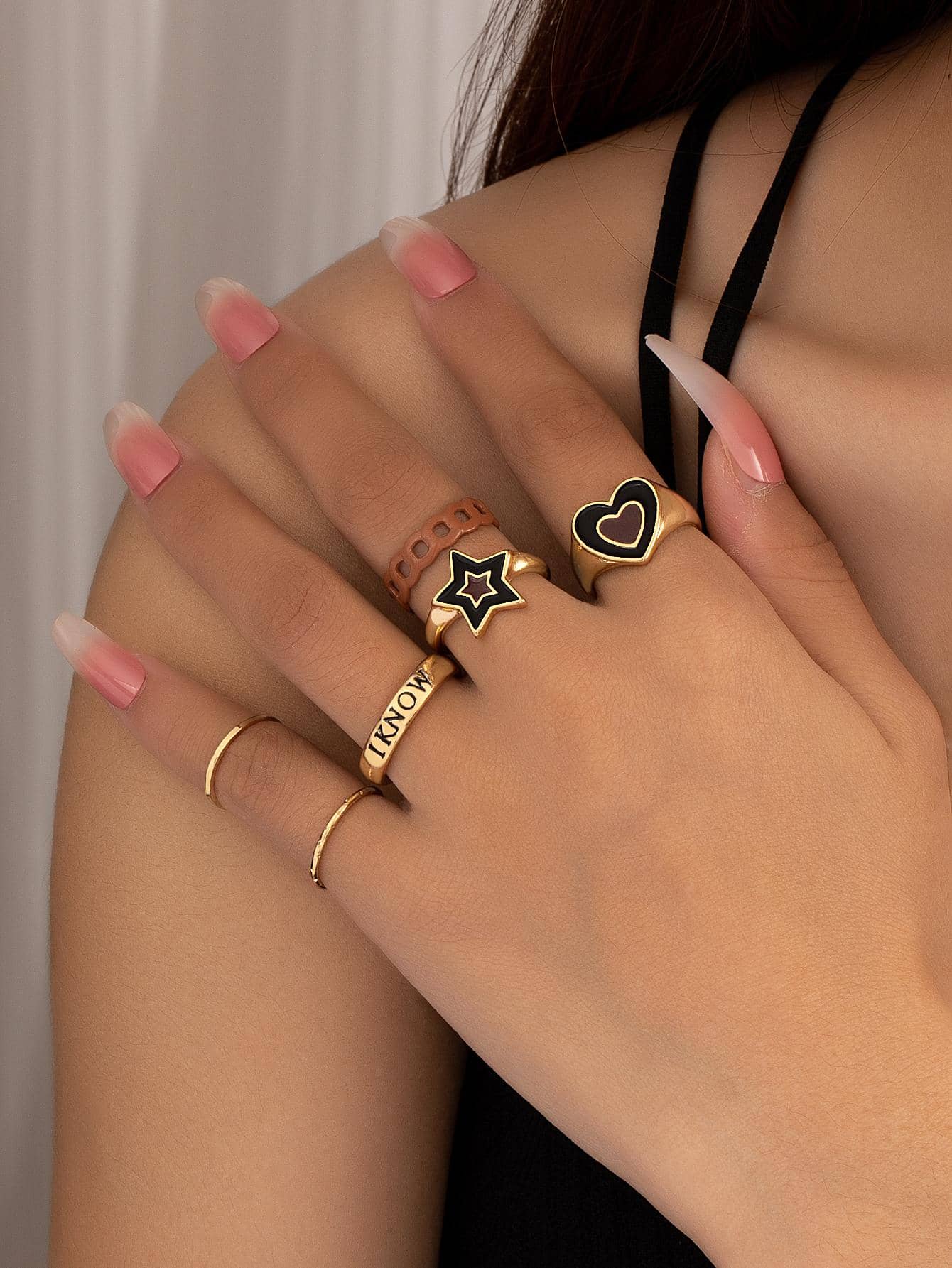 6入組心和星形裝飾圓環 - 金黃色 - 查看 1