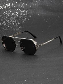 Gafas de sol de marco metálico geométrico con doble viga, gafas de sol elegantes tipo punk para hombres para exteriores, accesorios de playa, vacaciones de verano, al aire libre y viajes - Gris - Ver 1