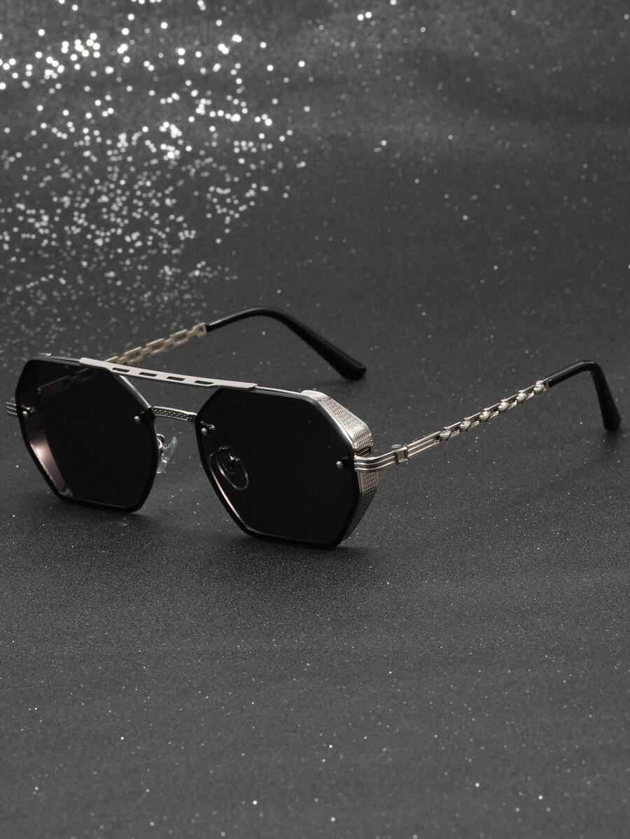 Gafas de sol de marco metálico geométrico con doble viga, gafas de sol elegantes tipo punk para hombres para exteriores, accesorios de playa, vacaciones de verano, al aire libre y viajes - Gris - Ver 1