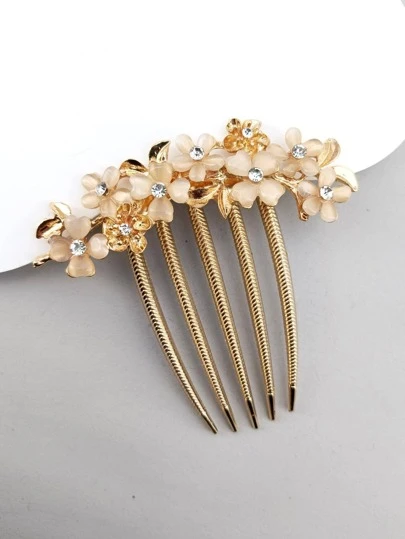 1 件裝女士 5 齒水鑽裝飾金屬髮梳帶九朵梅花日常使用