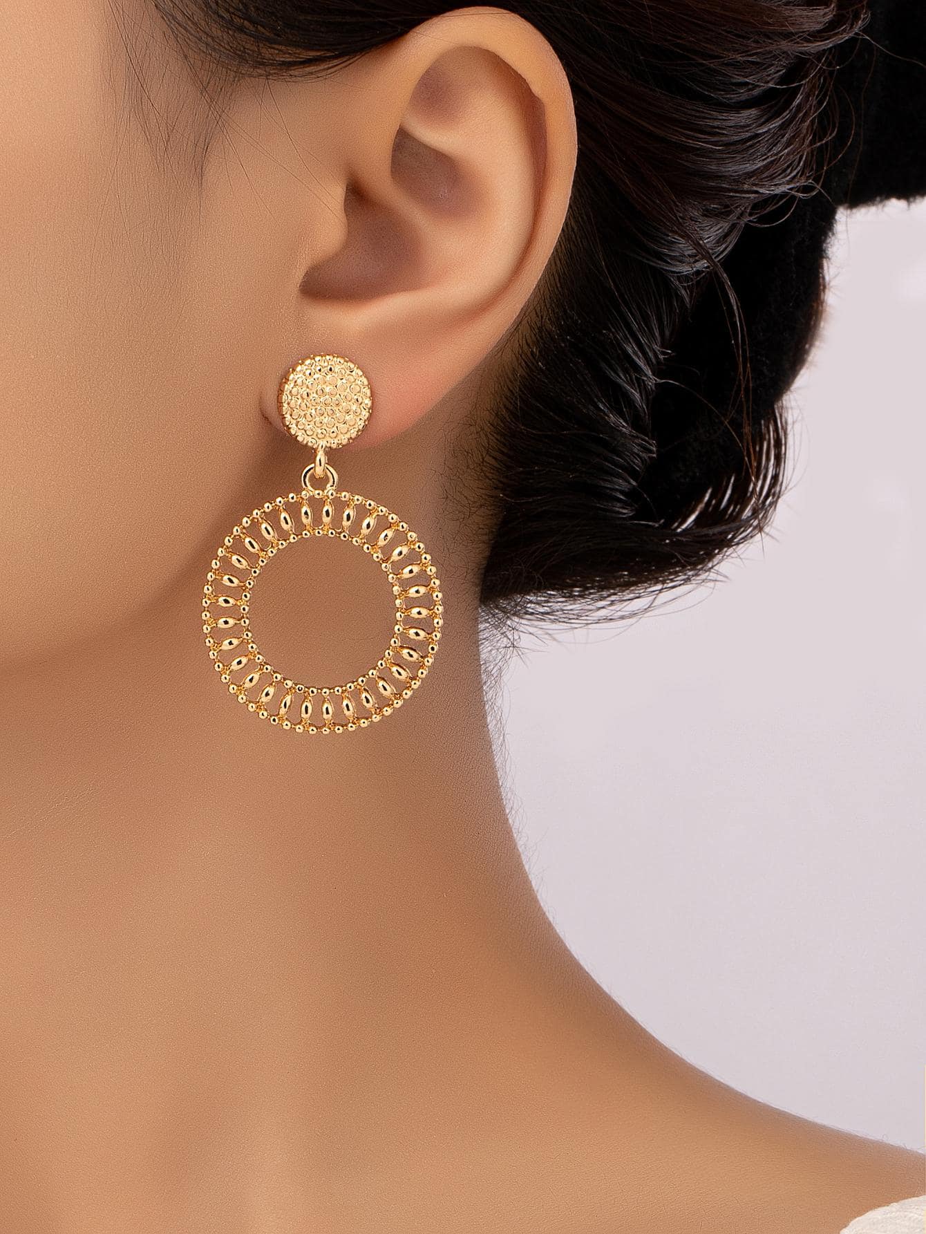 Hollow Out Round Drop Earrings - Yellow Gold - View 1